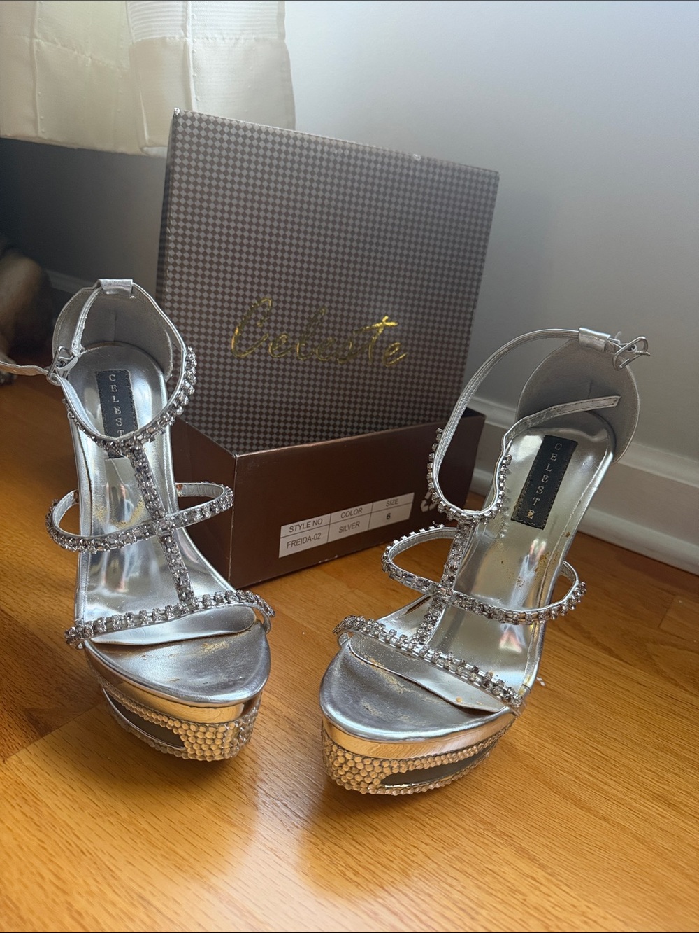 Celeste Silver Crystal-Strap Platform Heels